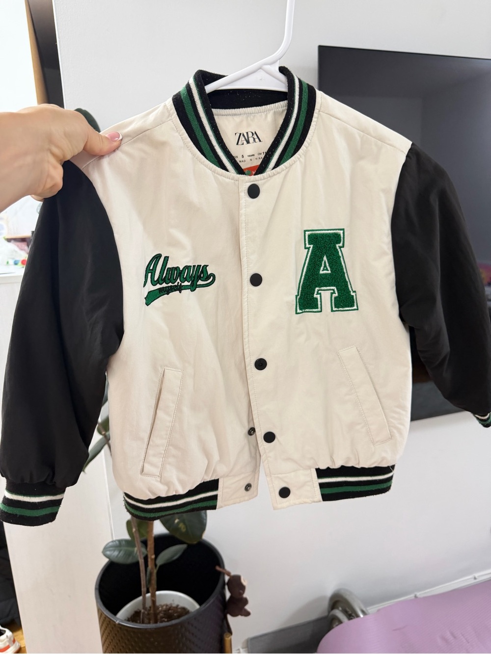 Zara Cream and Black Varsity Jacket with Green Lettering